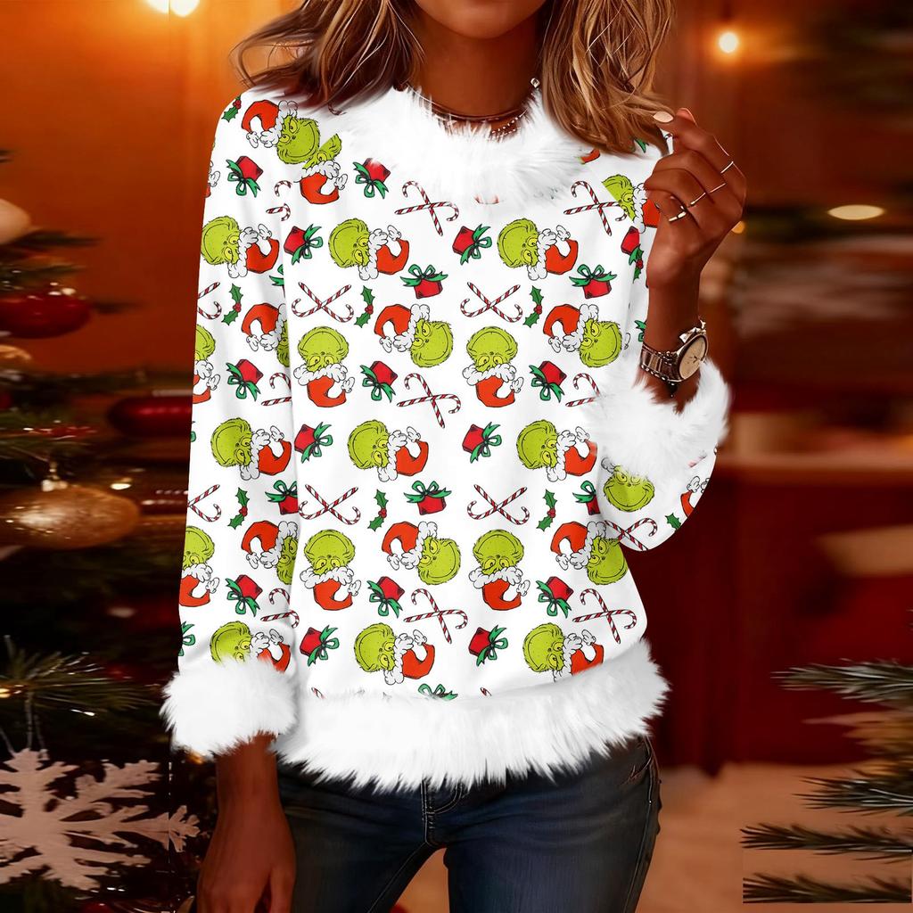 Женская модная рождественская футболка с принтом, круглым вырезом и длинными рукавами, повседневный пуловер