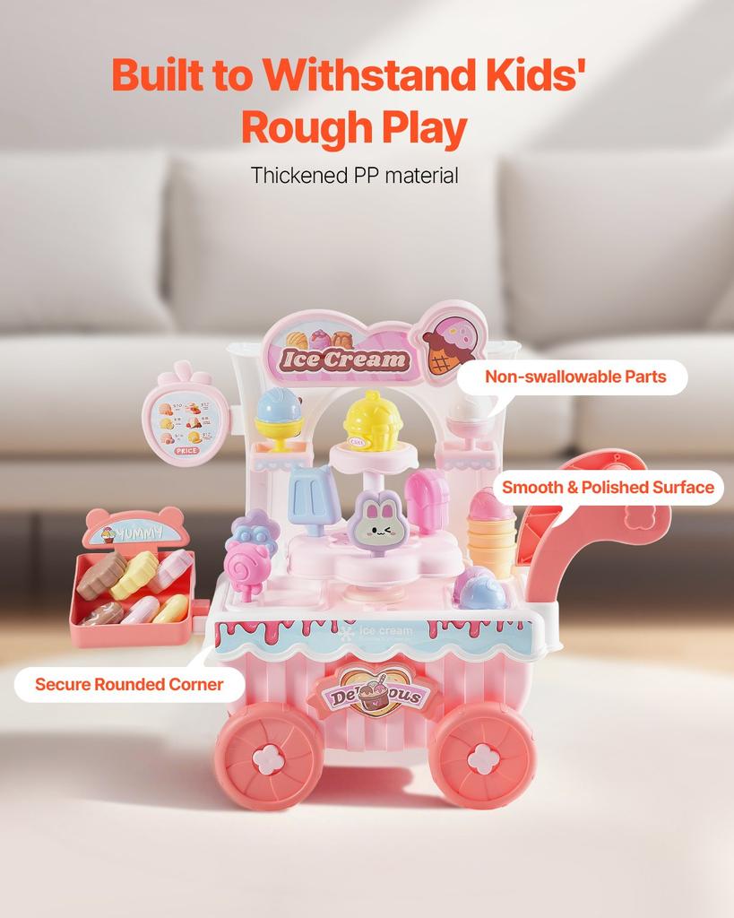 VEVOR Ice Cream Cart for Kids, 27 PCS Accessories, Pretend Play Store with Storage Trolley with Pretend Money, Sound & Light Effects