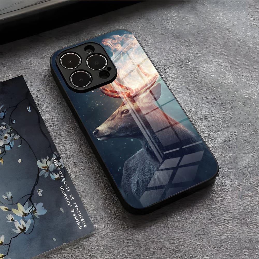 Чехол для телефона E-Elk Reindeer для iPhone 17 Air 16 E Pro Max 15 14 13 Mini 12 Pro 11 Max Plus Черная Стеклянная Крышка