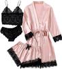 Women's Satin Pajama Set 4pcs Floral Lace Trim Cami Lingerie Sleepwear with Robe Sleepwear Lace Cami Shorts Loungewear Pink
