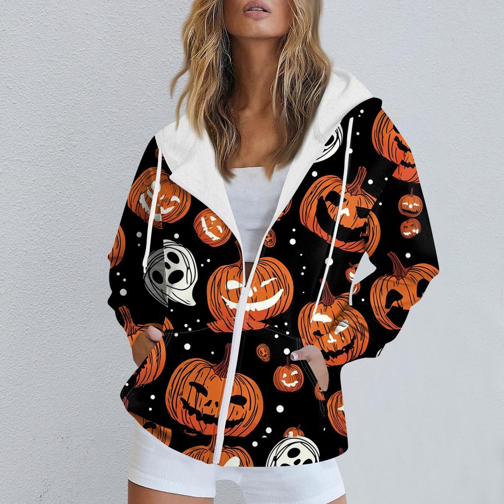 Женская повседневная спортивная одежда с принтом на Хэллоуин, осенне-зимняя куртка с капюшоном и длинными рукавами, с карманом на молнии