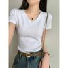 Simple Solid Color V-neck Front Shoulder Short-sleeved T-shirt for Women's Summer New Slim Fit Basic Student Top