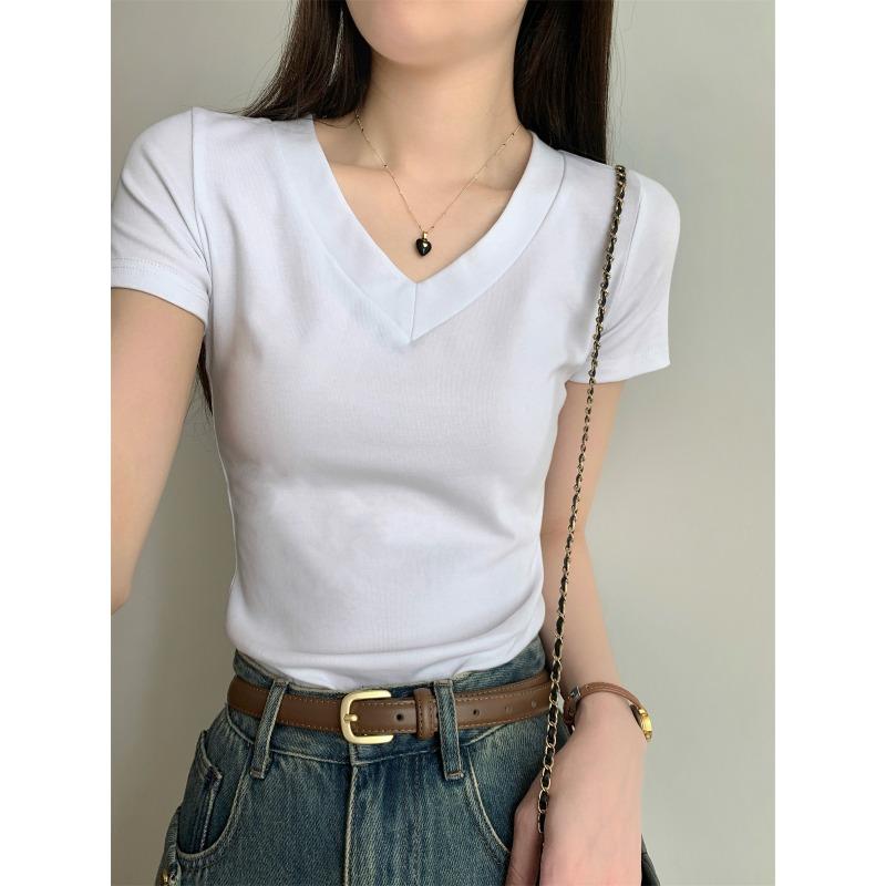 Simple Solid Color V-neck Front Shoulder Short-sleeved T-shirt for Women's Summer New Slim Fit Basic Student Top