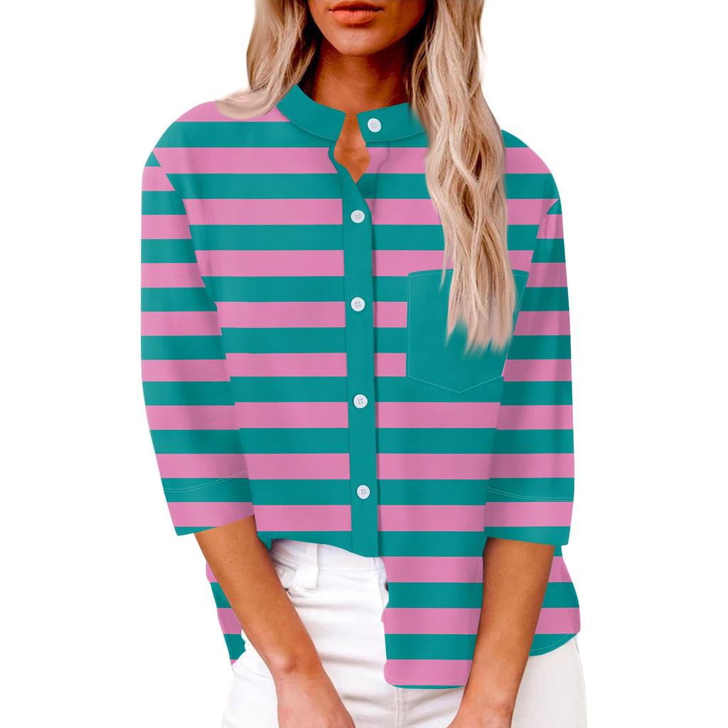 Women's Fashion Casual Shirt Button Loose Seven Sleeve Striped Patchwork Printed Top