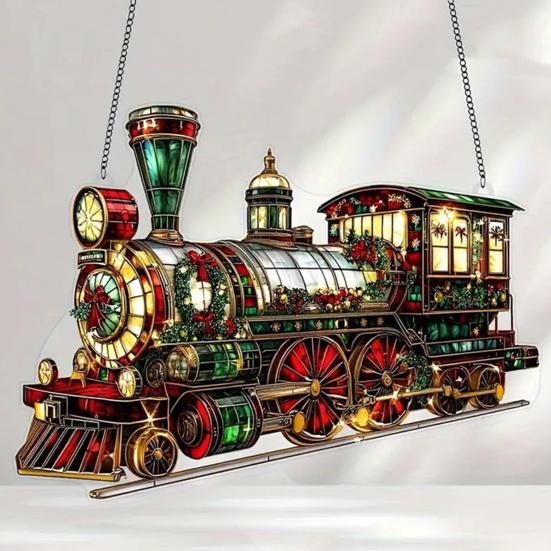 Акриловый ловец солнца Рождественские украшения Эффект витража 2D плоский Поезд/Рождественская елка/Дед Мороз Подвесное украшение на окно для праздничной елки дома