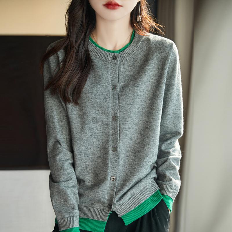 Knitted Cardigan Women's Colour Block Sweater Loose Long Sleeve Top