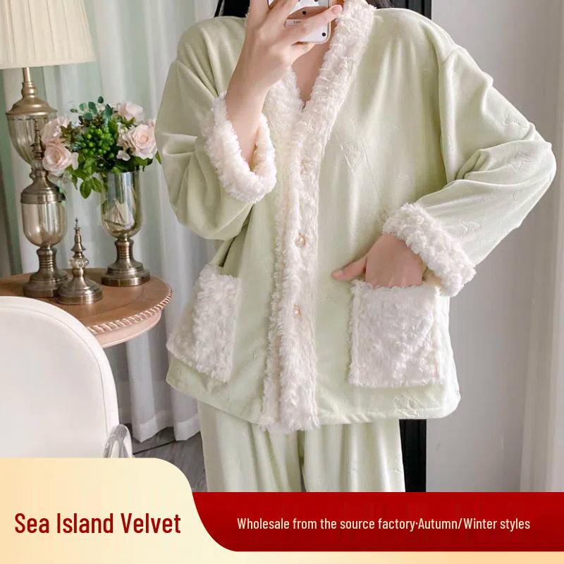 Женский флисовый пижамный комплект из хлопка Sea Island – с длинным рукавом и брюками для осени/зимы.