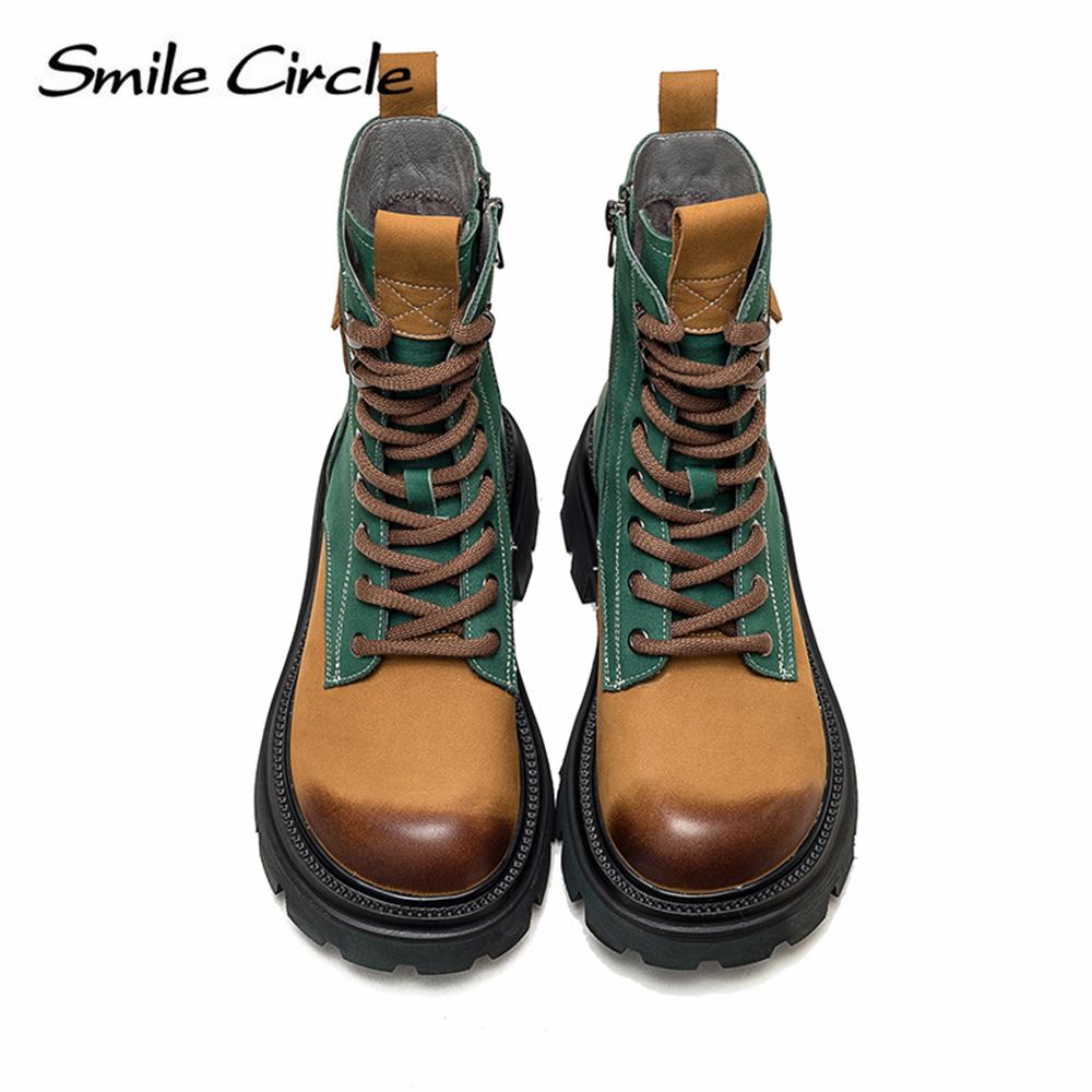 Женские ботинки из натуральной кожи на массивном каблуке, цветные сапоги с высоким берцем и толстой подошвой, модные повседневные женские мотоциклетные ботинки