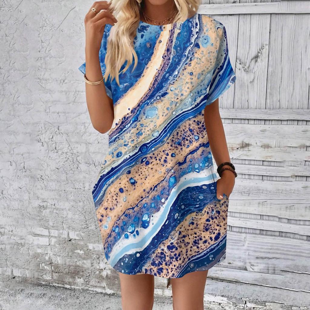 Женское модное летнее свободное платье-футболка средней длины с принтом и короткими рукавами