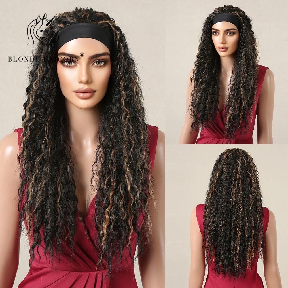 Elegant Synthetic Headband Wig Long Wavy Curly Black Straight Wigs with Headbands for Women and Girls Heat Resistant