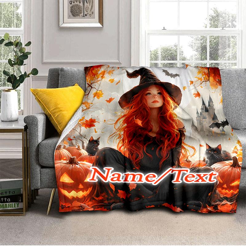 1PC Custom Name Witch Autumn Leaves outdooor Flannel blankets Throw Blanket All-Season Throw Gift Bedspread for Couch, Bed, Camping Holiday Birthday g