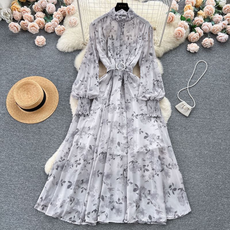 Graceful Stand Collar Breasted Silm Long Large Hem Dress