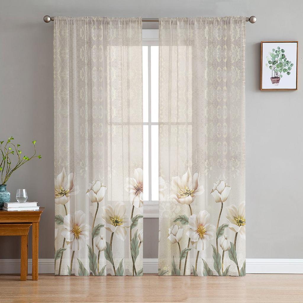 Vintage Background Flowers Sheer Curtains For Living Room Bedroom Kids Room Tulle Window Treatment Drapes