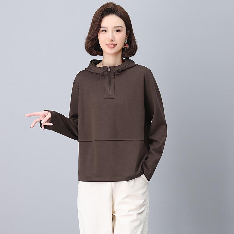 Trendy Hooded Sweatshirt for Middle-Aged Women - Spring/Autumn Patchwork Loose Fit, Plus Size, Long-Sleeve Top