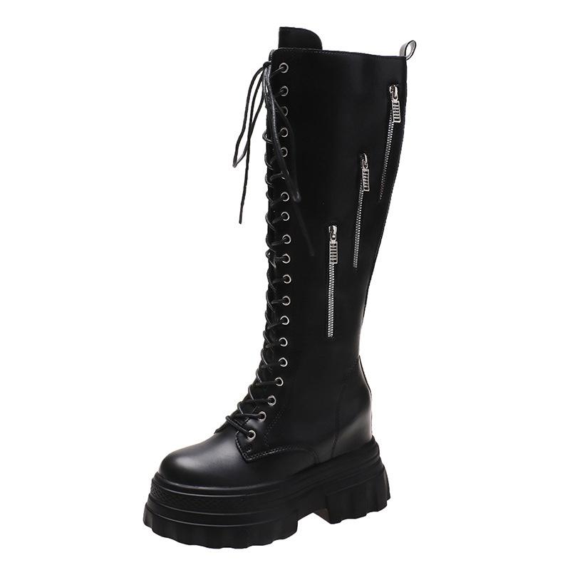 Модные осенне-зимние новые сапоги с высоким каблуком, стройнящие, женские, до колена, на ремешках, на среднем каблуке, на толстом каблуке, женские сапоги