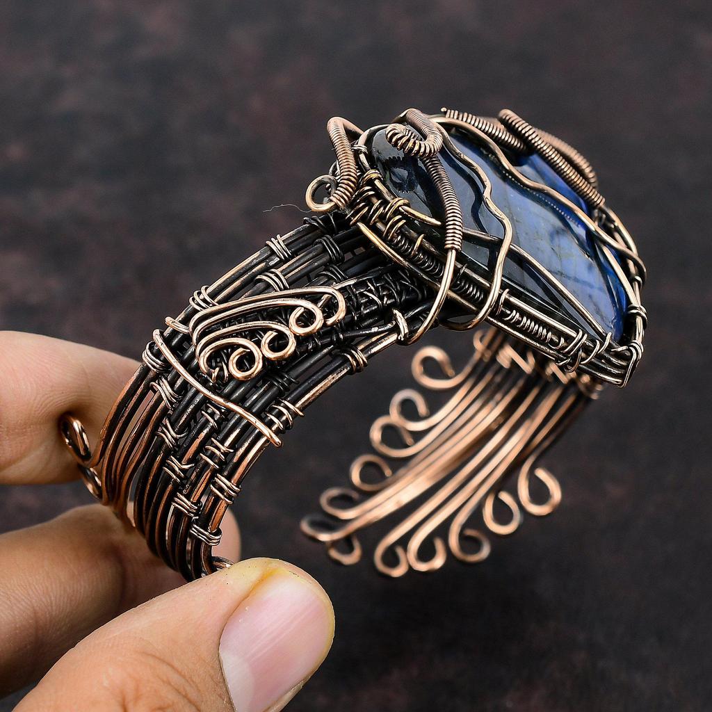 Лабрадорит Браслет-манжета Браслет-манжета из медной проволоки Регулируемый браслет Изысканный браслет-манжета с драгоценным камнем Медные украшения ручной работы Подарок для мамы