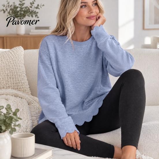 Daily Wear Sweatshirt Women Crewneck with Scalloped Hem, Solid Color Long Sleeve Autumn Top Hem Pullover Top, Drop Shoulder Casual Blouse for