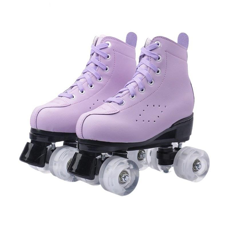 Adult Men's and Women's Double Rows of Leather Models Green Skates Four Roller Skates Pink Purple Flash Wheel Double Rows of Roller Skates
