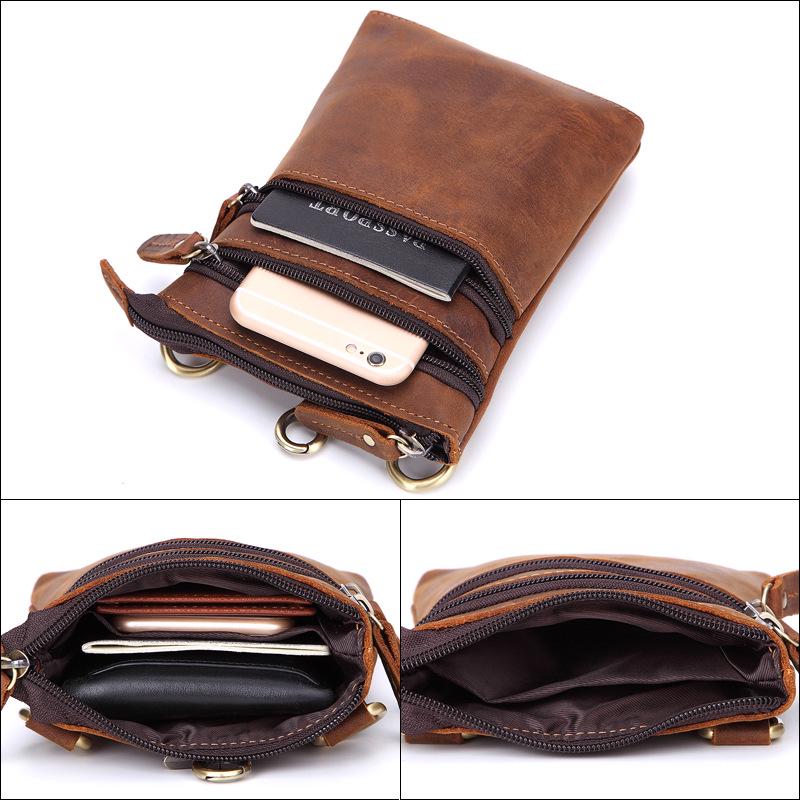Men's Genuine Leather Crossbody Bag - Handmade Crazy Horse Shoulder Bag & Multifunctional Waist Belt Pouch for Phone.