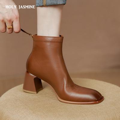 Осенние сапоги женские с круглым носком и толстым каблуком женские сапоги из натуральной кожи женские лаконичные короткие сапоги сапоги на высоком каблуке с застежкой-молнией