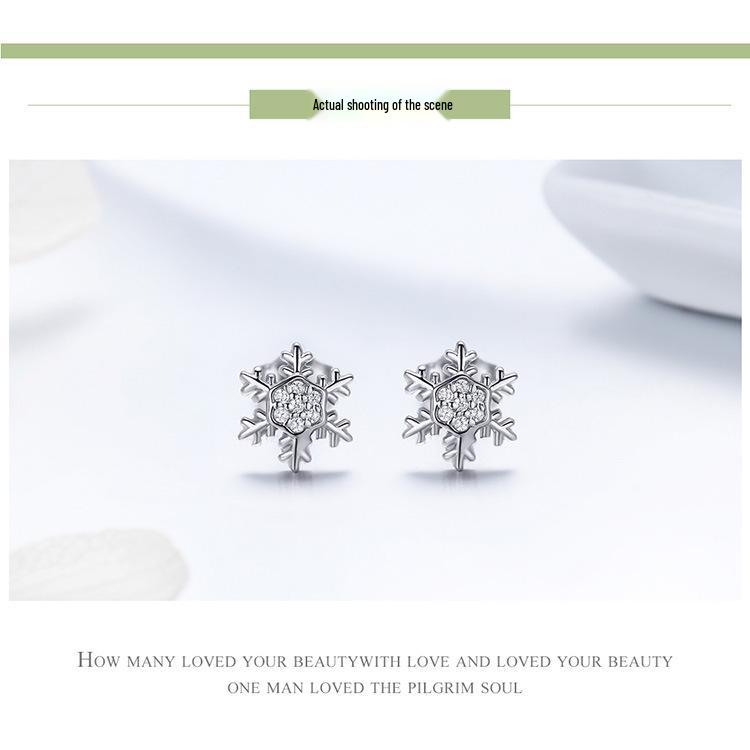 Европейские и американские рождественские серьги-снежинки из серебра S925, универсальные с покрытием из белого золота BSE009