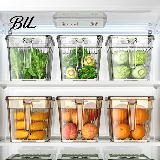 Kitchen Fridge Organizer Box Refrigerator Storage with Lid And Handle Built-in Drain Partition Transparent Container for Fruits Vegetables Fresh Food