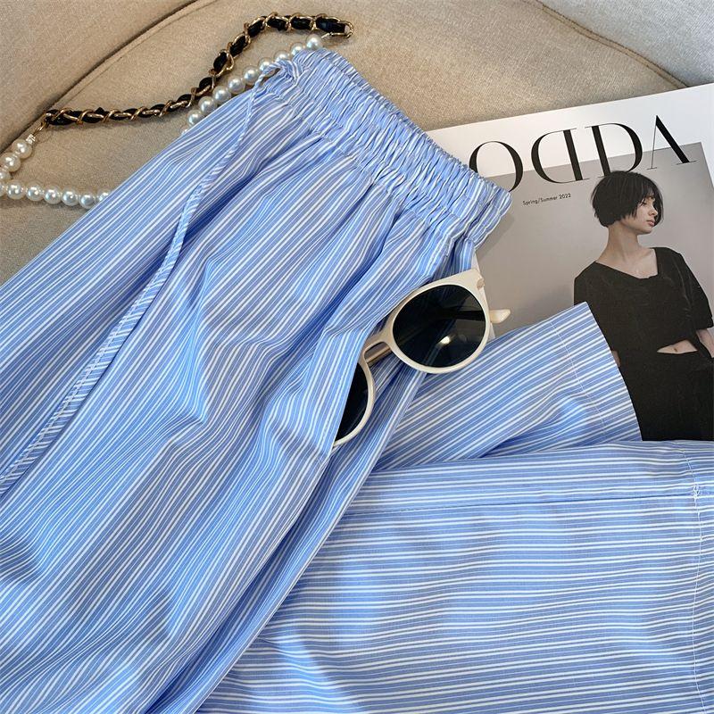 Синие полосатые брюки широкого кроя для женщин - Корейская минималистичная эстетика, повседневные брюки | Летние тонкие, ленивые, свободные, прямые, длиной до пола