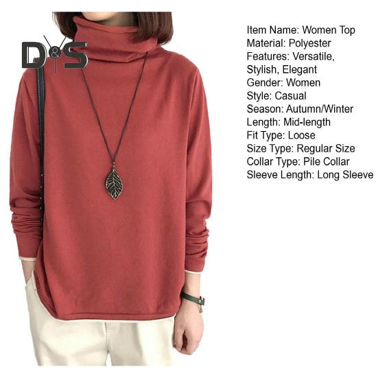 Women Top Stylish Pile Collar Solid Color T Shirts Soft Comfortable Long Sleeve Pullover for Autumn Winter