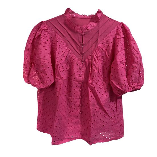 Женская рубашка с воротником-стойкой и V-образным вырезом, коротким рукавом, ажурным вышитым цветочным узором, кружевная блузка, повседневные нарядные топы