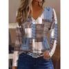 Women's Geometric Pattern Printed V-neck Long Sleeved T-shirt - Casual and Elegant Color Contrast Design