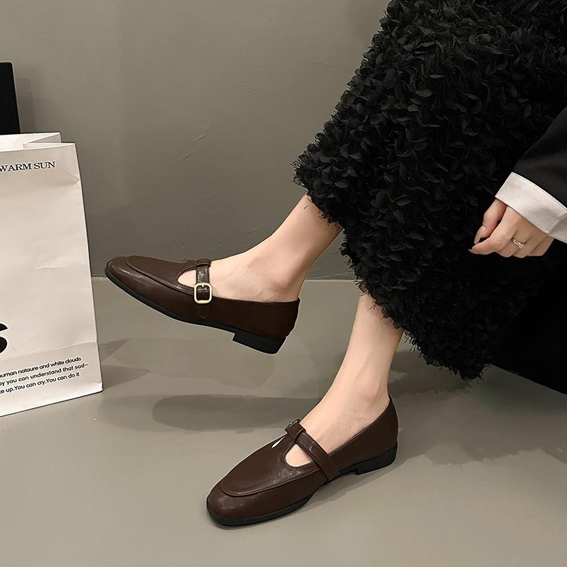 Ретро-лоферы женские весенне-летние туфли с одной педалью на плоской подошве, кожаные туфли Мэри Джейн на мягкой подошве