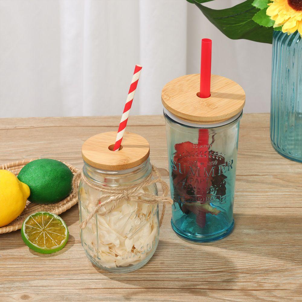 Storage Bottles Silicone Seal Ring Mason Jar Lid With Straw Hole Wide Mouth Cup Bamboo Wood Lids