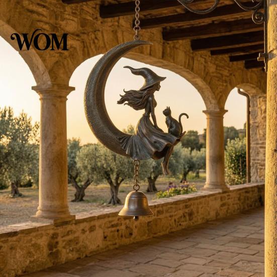 Metal Wind Bells Witch Moon Chime, Gothic Crescent with Black Cat Hanging Bell, Chimes Mystical Garden Decor for Porch Patio Balcony Window, Halloween