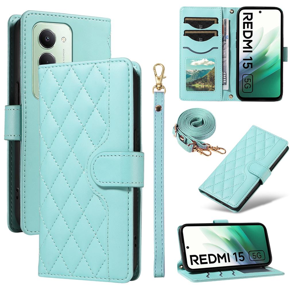 Для Xiaomi Redmi 15 5G (Глобальный) (169 мм) Чехол-кошелек Ромбовидный кожаный чехол для телефона с ремешком