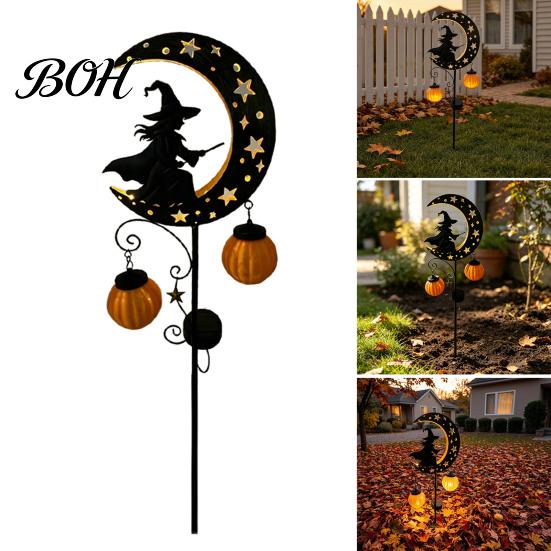 Spooky Pathway Markers for Parties Solar Halloween Witch Pumpkin Moon Garden Stake Light, Waterproof on Crescent Lights with Lantern, Outdoor LED Yard