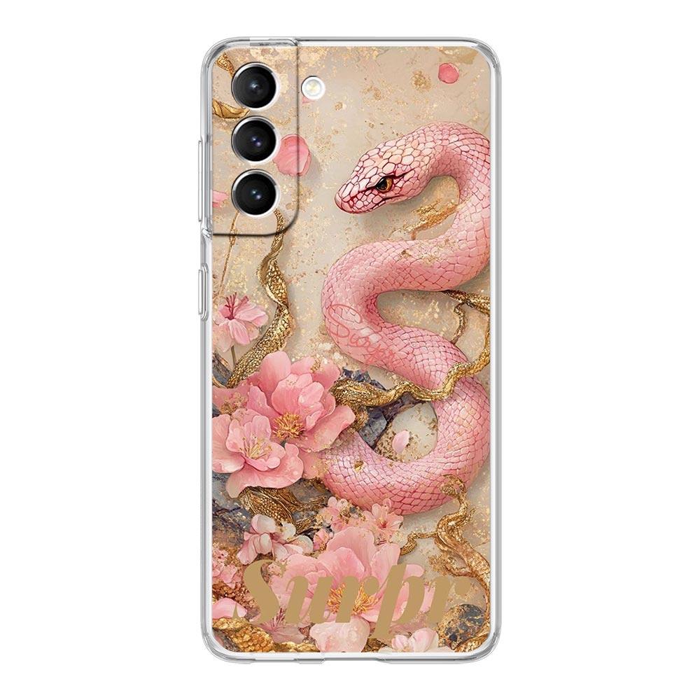 Phone Case For Samsung Galaxy S25 Edge S24 S23 FE S22 Ultra S20 S21 5G S10 Plus S10E Soft Clear Cover Blossom Pink Snake
