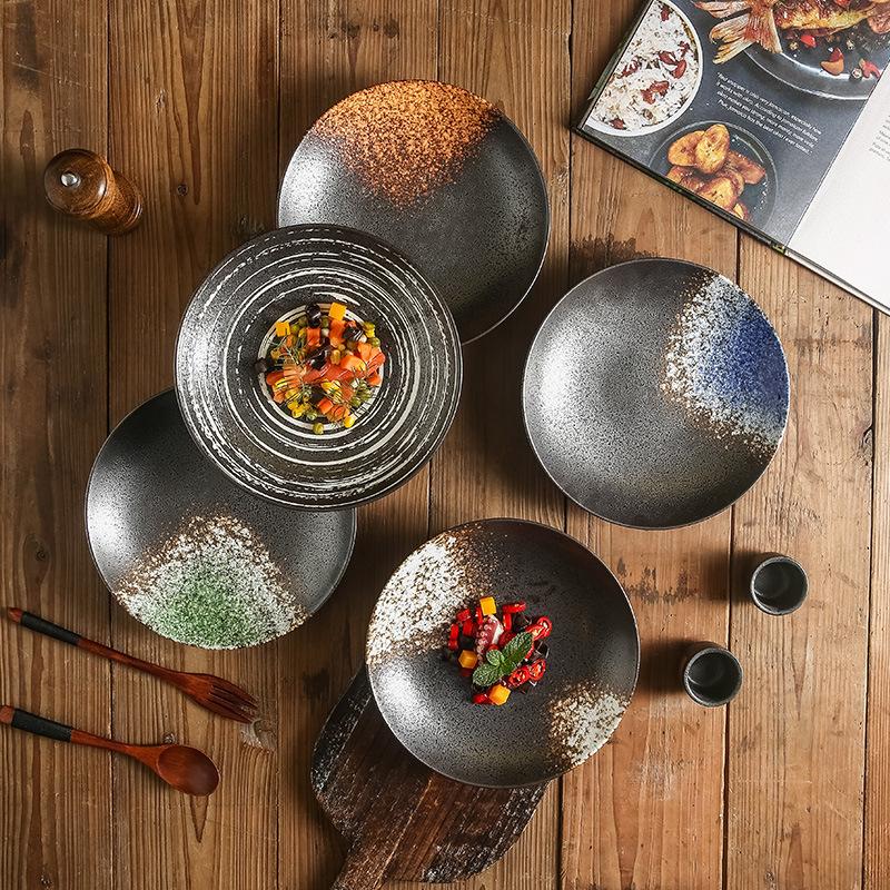 Japanese Sashimi Deep Plate Coarse Pottery Western Food Plate Household Ceramic Hat Light Bowl Black Ceramic Meal