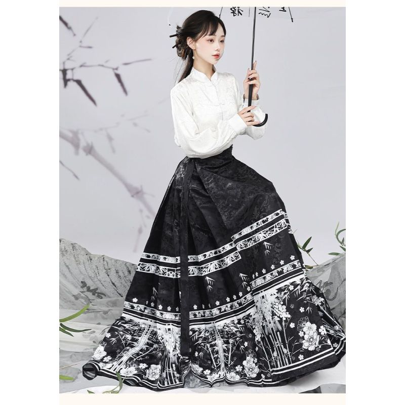 Повседневная юбка с воротником-стойкой в стиле китайской династии Мин из жаккарда с принтом листьев бамбука и лошадиным лицом