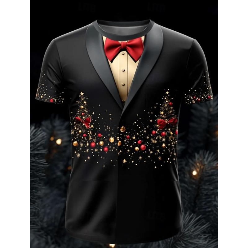 Летний топ с круглым вырезом и 3D-принтом на рождественскую тематику с галстуком-бабочкой, модные повседневные футболки с короткими рукавами для мужчин