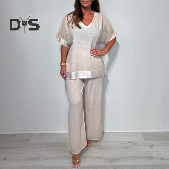 Женский повседневный комплект из двух частей, большой размер, топ с V-образным вырезом и короткими рукавами, широкие брюки, летний свободный комплект для отдыха