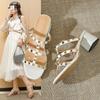 Sexy Medium Heel Thick Heel Rivet Half Slippers Women's 2025 New Summer Wear Versatile High Heels Versatile Cool Slippers