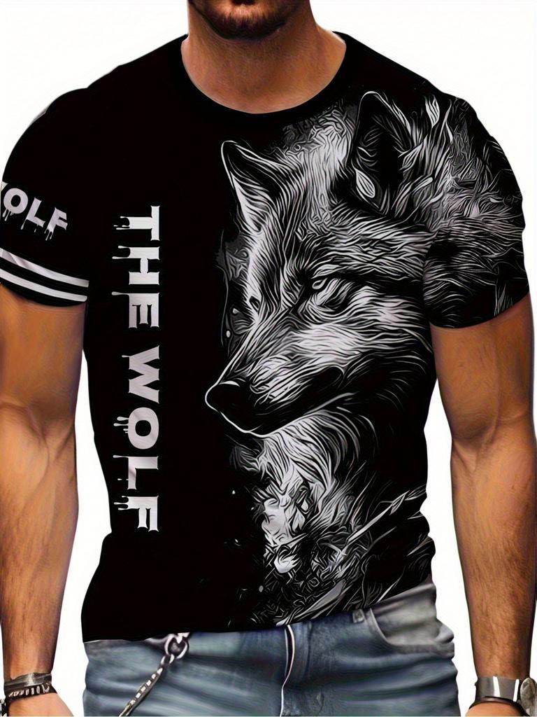 [Print Design-Not Textured] Men'S Wolf Pattern Print T-Shirt - Black And White Contrast Design, 100% Soft Fabric, Round Neck Short Sleeve, Lightweight