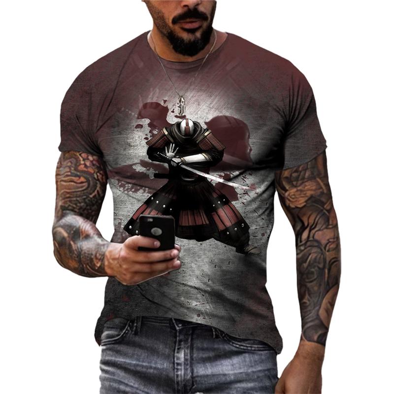 Personality Men's Samurai Pattern Print T-shirt Hip-hop Trend Fashion Round Neck Tops Summer New Street Casual Short-sleeve Tees