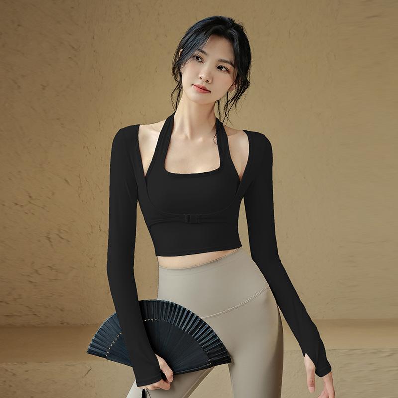 Spring quick-drying running fitness exercise tight suspenders with fixed chest pads fake two-piece tops long-sleeved yoga clothes