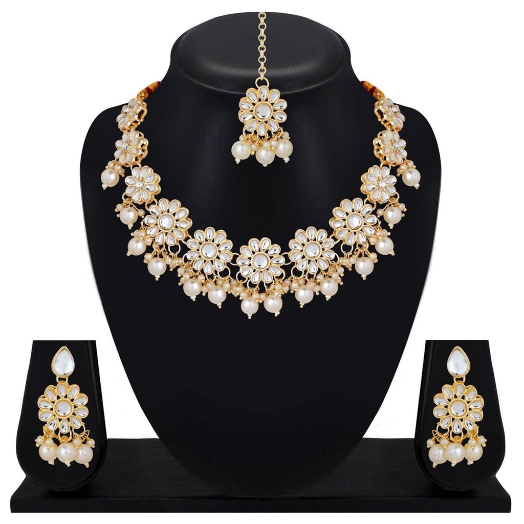 Традиционный набор ожерелья Кундан из белого жемчуга | Чокер Кундан | Нарядные украшения с серьгами и маанг тиккой для женщин и девушек