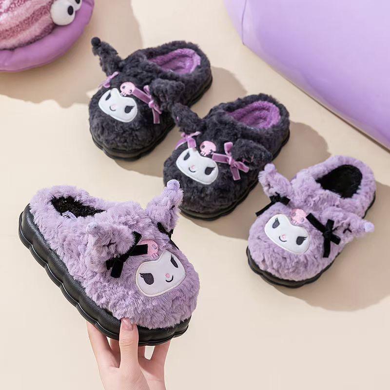 Женские плюшевые зимние тапочки Sanrio Kuromi - Домашние, для общежития, с толстой подошвой, теплые, хлопковые