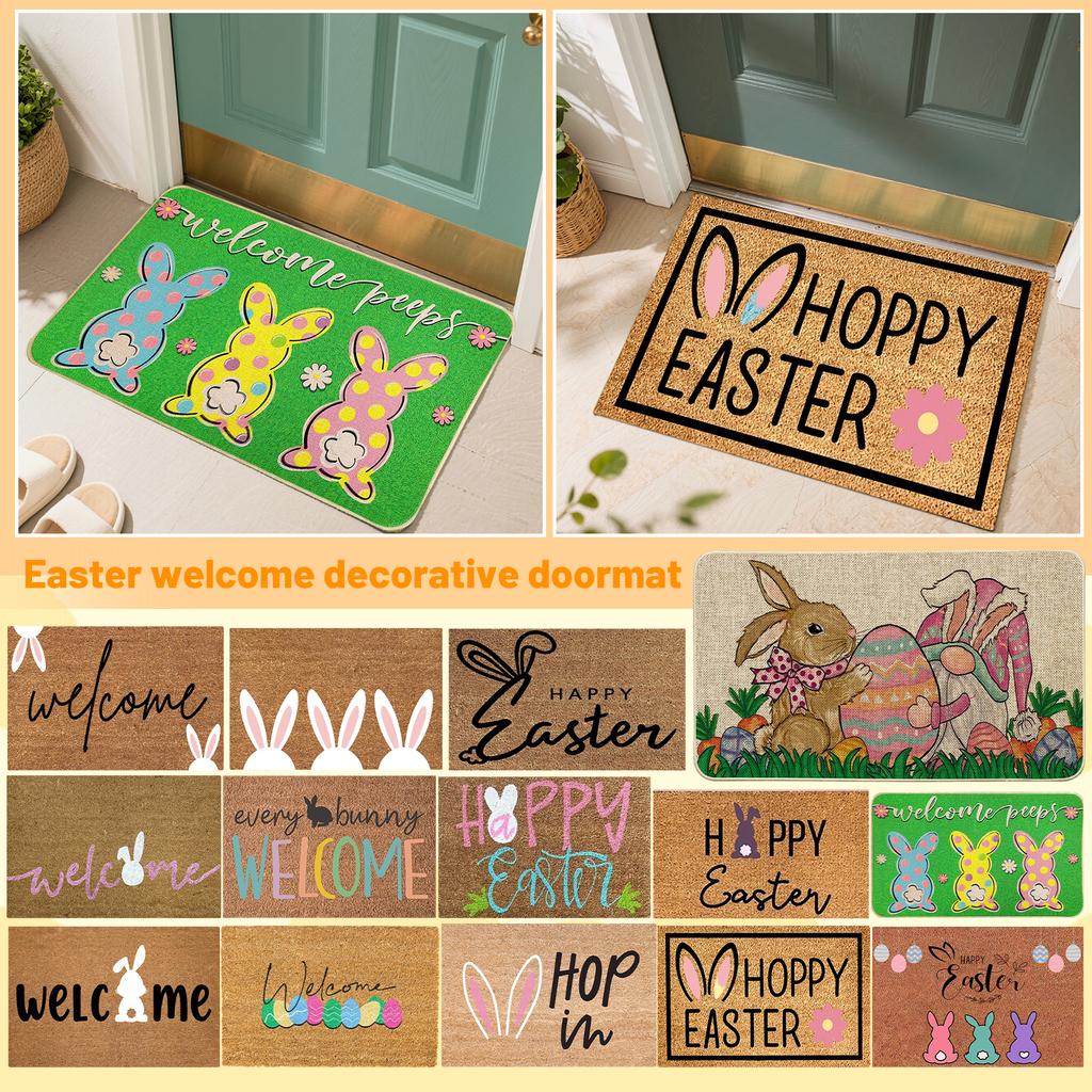 Happy Easter Welcome Doormat, Non- Fiber Carpet, Fun Easter Bunny Doormat