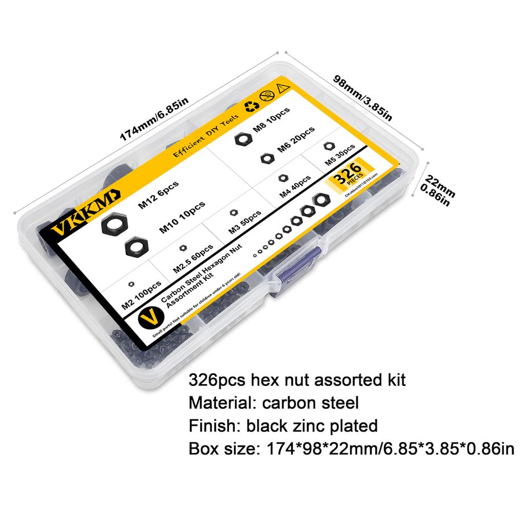 Набор метрических черных шестигранных гаек, 326 шт., 9 моделей (М2-М12), комплект шестигранных гаек из черной углеродистой стали