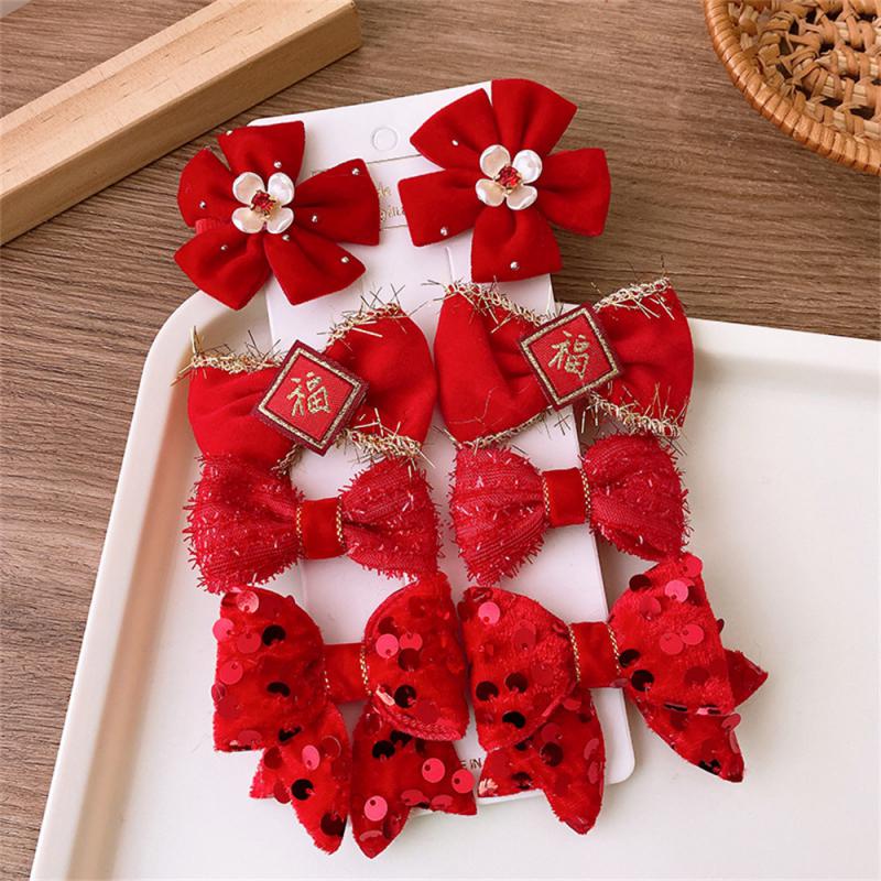 Детские новогодние заколки для волос в китайском стиле, милые плюшевые банты, кисточки, украшения, заколки, шпильки, аксессуары для волос в стиле ханьфу для девочек
