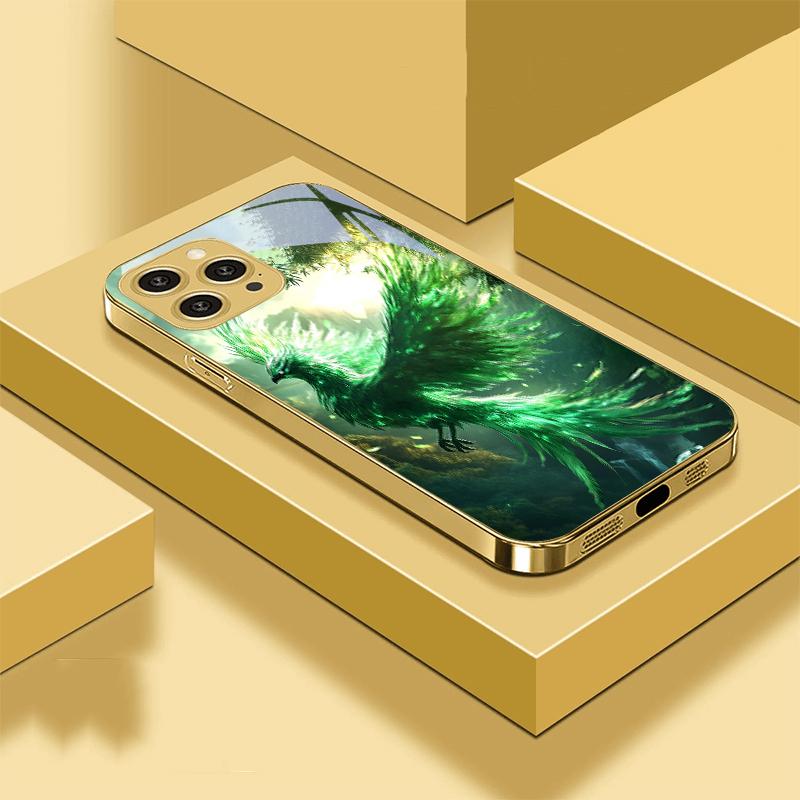 Золотой Феникс Раскрывающийся Для iPhone 16 Pro Max 15 P Ro 14 13 Plus 12 Mini 11Pro Max XS Max XR Золотой Чехол для Телефона из Закаленного Стекла